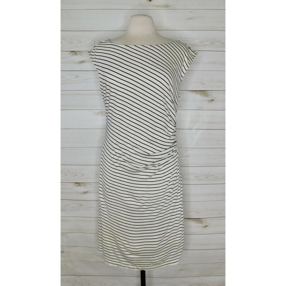 Ann Taylor LOFT Gathered Stripe Side Ruched Jersey Knit Pullover Dress ~ Large